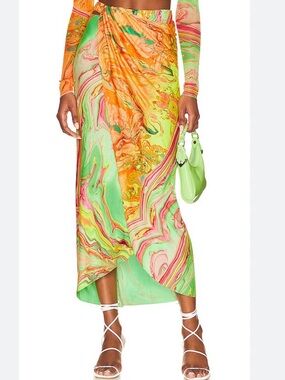 AGUA BENDITA X Revolve Sz M Mimi Skirt In Makie Yellow draped faux wrap Summer.